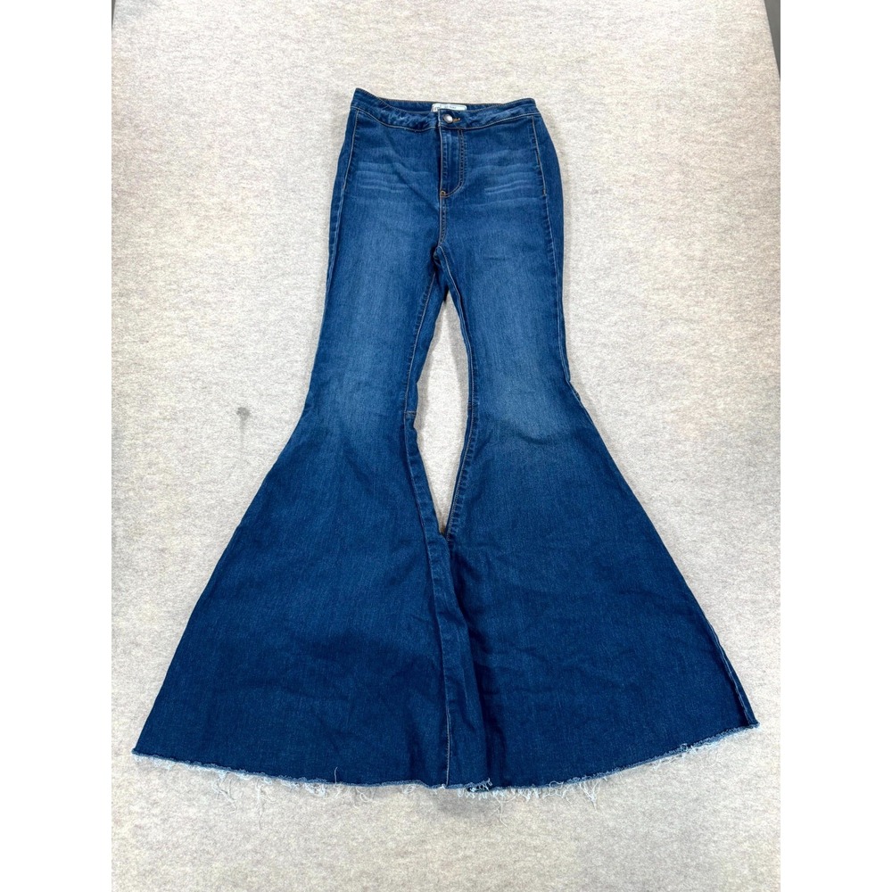 Free People Super Flare Jeans Womens 26 Blue Denim Stretch Frayed Hem High Rise